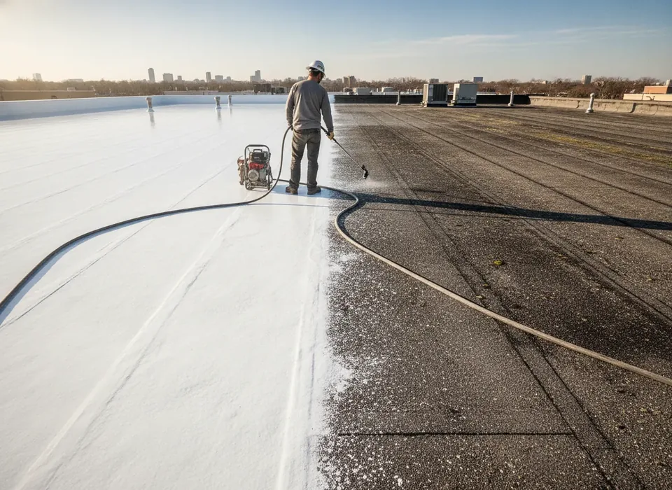 White silicone coating being sprayed on an aged flat roof