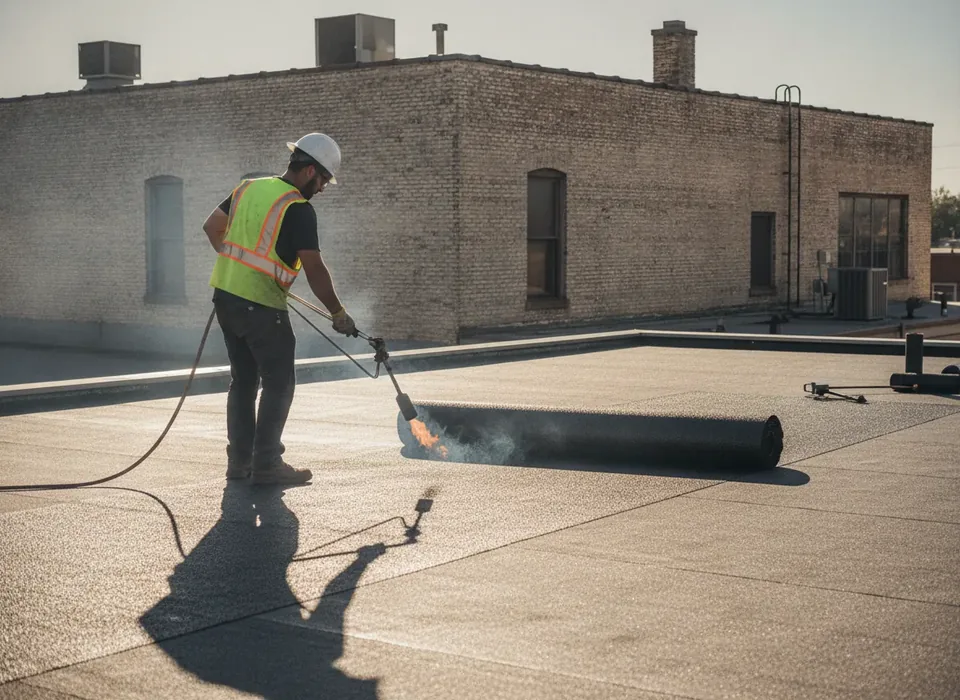 Modified bitumen cap sheet being installed on a flat roof